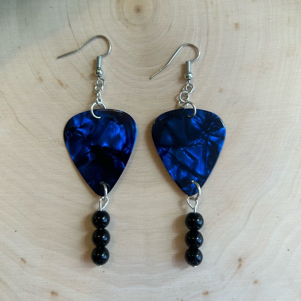 Handmade Dark Blue Guitar Pick Dangle Earrings with Black accent beads